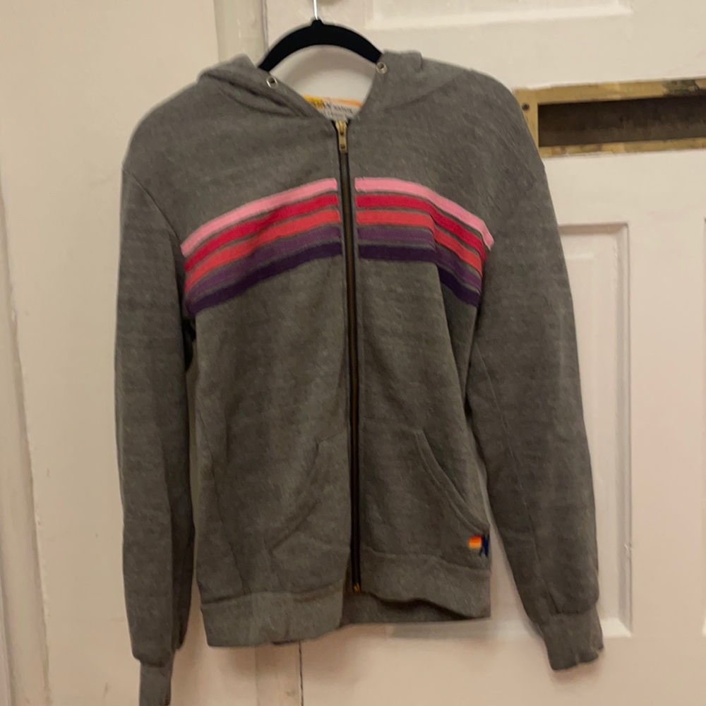 Aviator nation grey hoodie. Pink and purple stripes.